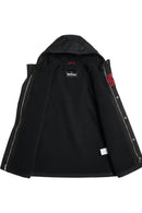 Men's Barbour wax cotton parka with hood, black button front and flap pockets