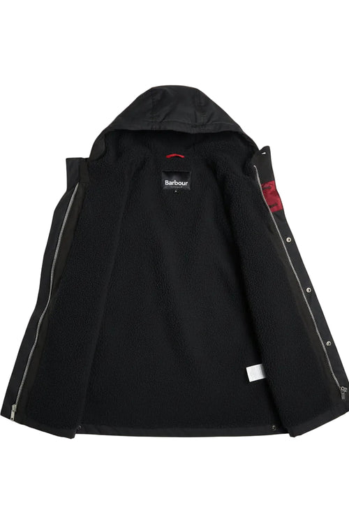 Men's Barbour wax cotton parka with hood, black button front and flap pockets