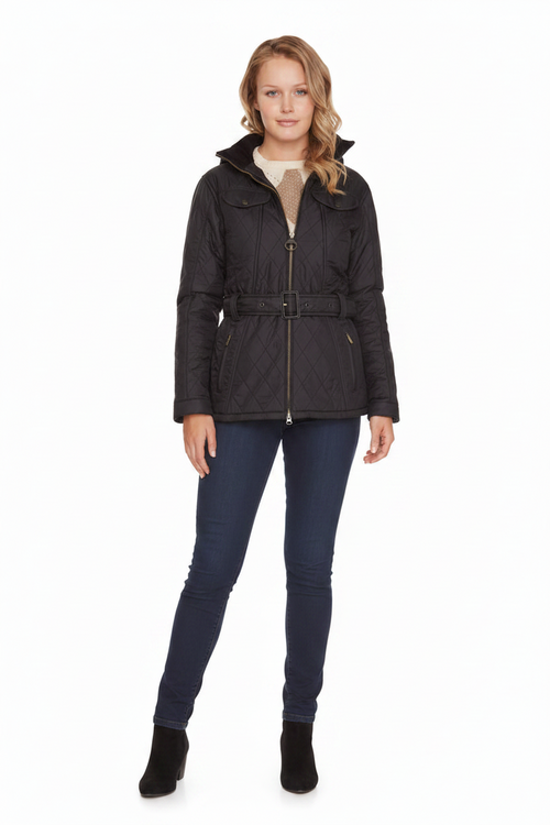Barbour women's polarquilt hooded jacket, dark quilted design with full zip and belt