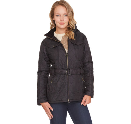 Navy quilted hooded jacket with zip front, belt and black fleece-lined collar