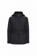 Barbour women's polarquilt jacket in dark black, hooded, quilted, zip front with belt