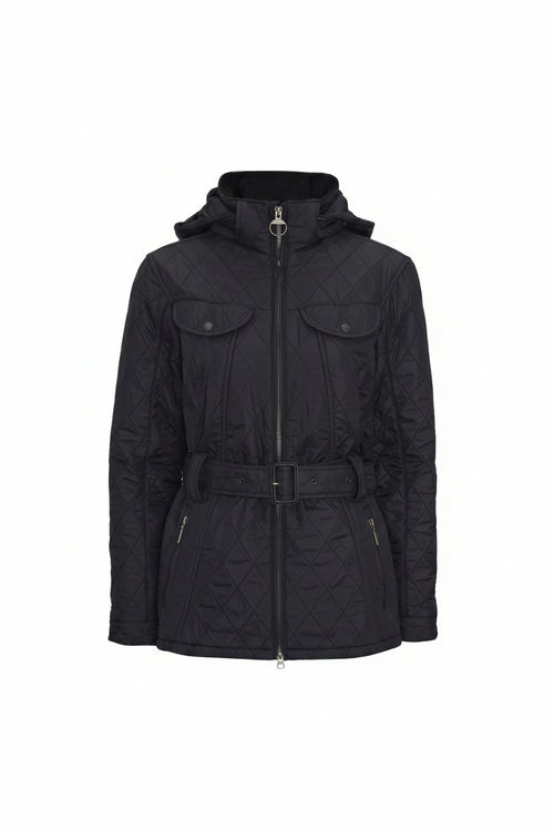 Barbour women's polarquilt jacket in dark black, hooded, quilted, zip front with belt