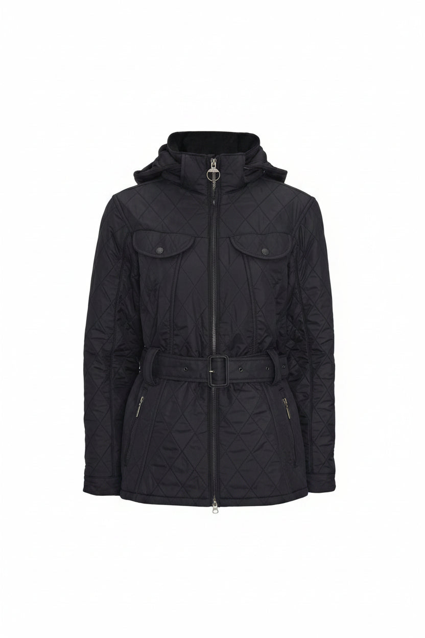 Barbour women's polarquilt jacket in dark black, hooded, quilted, zip front with belt