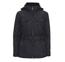 Dark quilted hooded jacket with full zip, waist belt, and flap chest pockets
