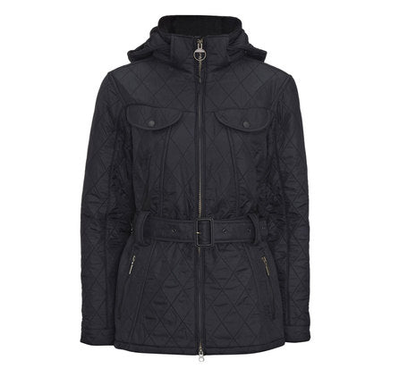 Dark quilted hooded jacket with full zip, waist belt, and flap chest pockets
