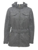 Gray quilted hooded jacket with zip front, flap pockets, and waist belt