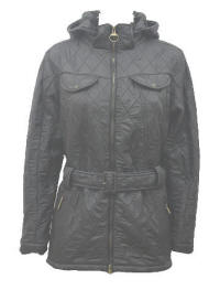 Gray quilted hooded jacket with zip front, flap pockets, and waist belt