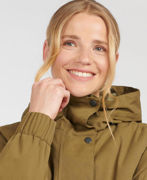 Olive-green waterproof jacket with hood, front snap buttons, high collar