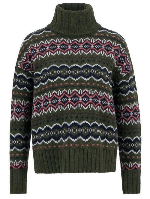 Women’s knitted jumper with olive turtleneck and multicolor Fair Isle pattern