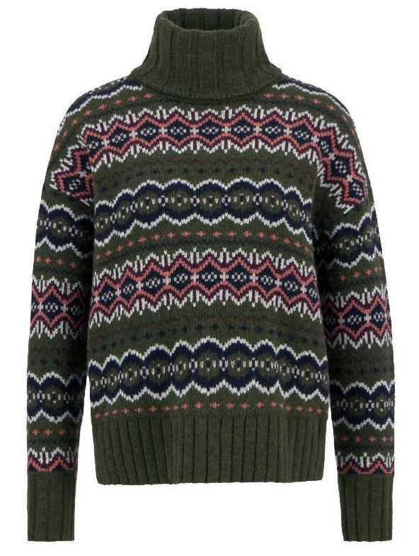 Women’s knitted jumper with olive turtleneck and multicolor Fair Isle pattern
