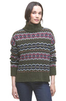 Women’s olive knitted jumper with high neck and red, pink, white and navy Fair Isle stripes