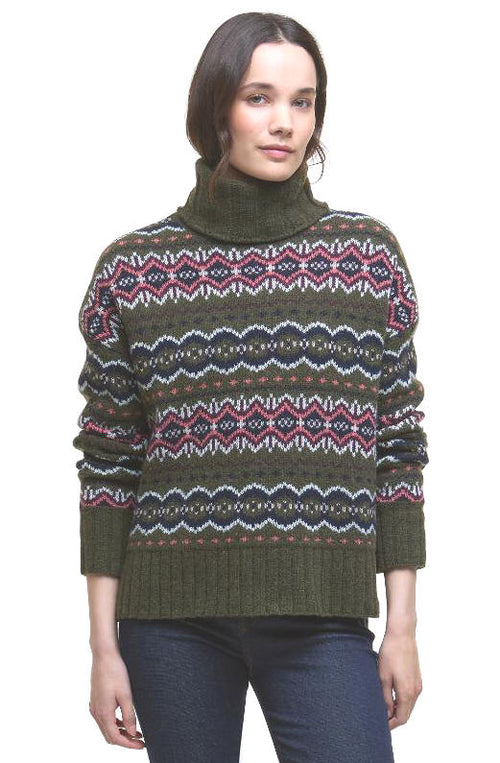 Women’s olive knitted jumper with high neck and red, pink, white and navy Fair Isle stripes