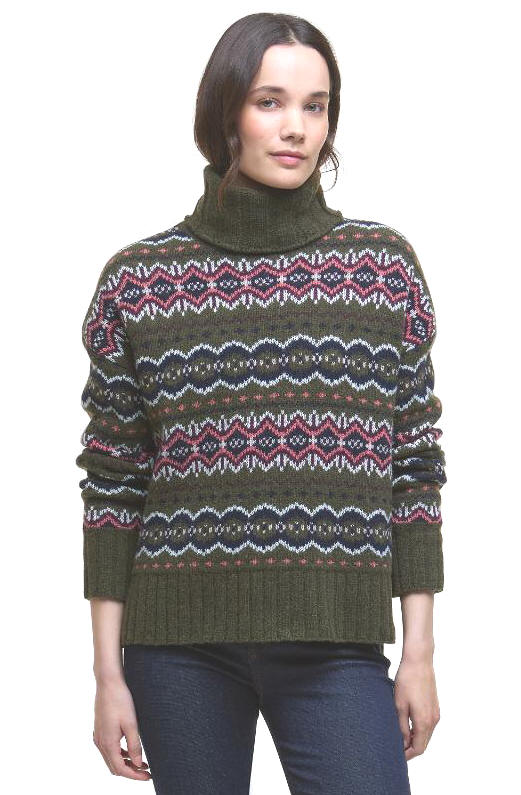 Women’s olive knitted jumper with high neck and red, pink, white and navy Fair Isle stripes