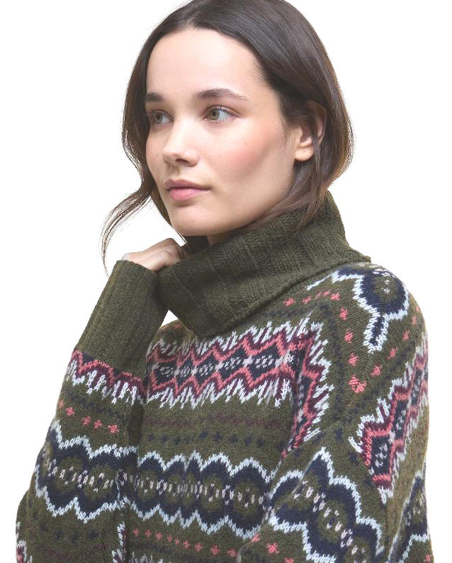 Olive high-neck knitted jumper with Fair Isle yoke detail in pink, red, white and navy