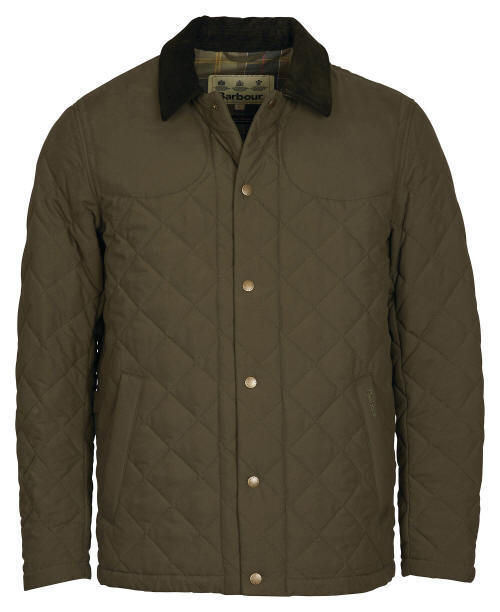 Olive quilted jacket, long sleeves, front button closure and check inner collar