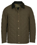 Olive quilted jacket with center button placket and dark stand collar, Barbour