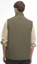 Olive sleeveless gilet back view with stand collar and zip