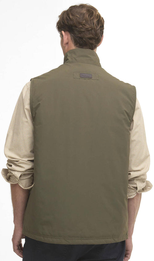 Olive sleeveless gilet back view with stand collar and zip