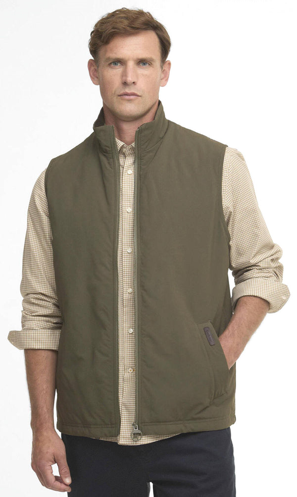 Olive zip-front sleeveless gilet with chest pocket detail