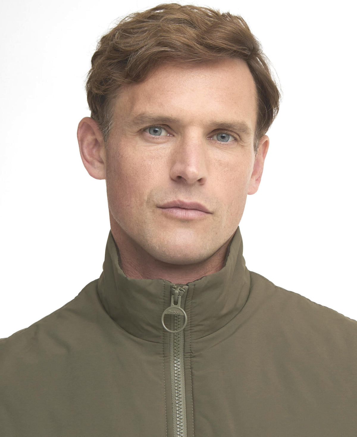 Olive zip-front sleeveless gilet with stand collar