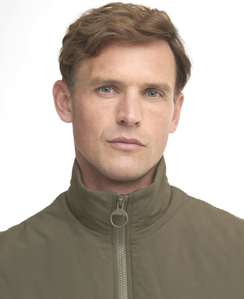 Olive zip-front sleeveless gilet with stand collar
