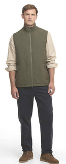 Olive zip-front gilet over check-pattern shirt sleeves