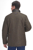 Olive tweed wool jacket with stand collar and flap pocket on the back view