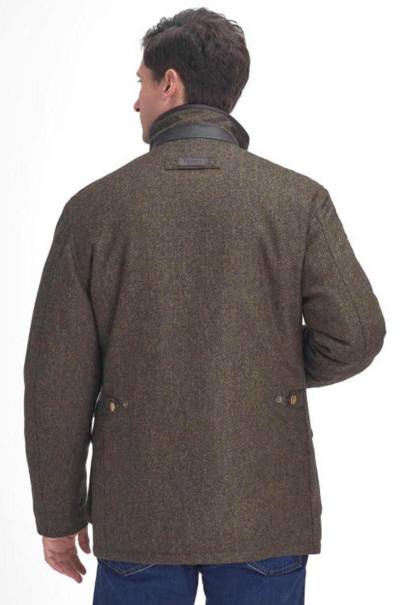 Olive tweed wool jacket with stand collar and flap pocket on the back view