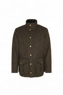 Olive tweed wool jacket with stand collar and front flap pockets with brass buttons