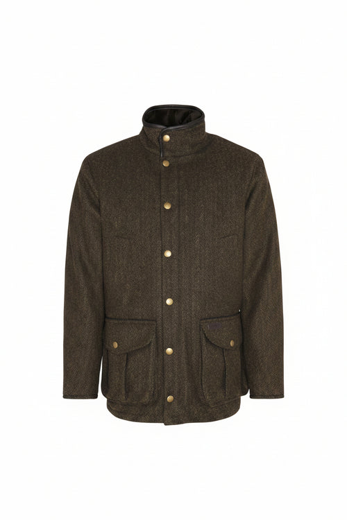 Olive tweed wool jacket with stand collar and front flap pockets with brass buttons