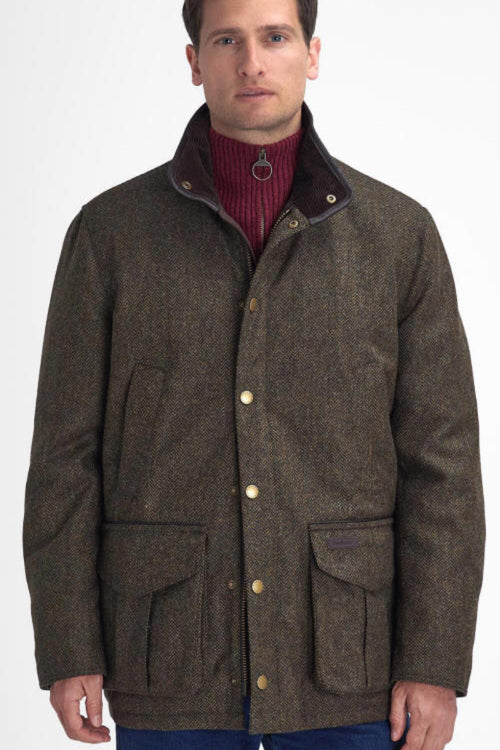 Olive tweed wool jacket with stand collar, brass buttons, and chest flap pockets