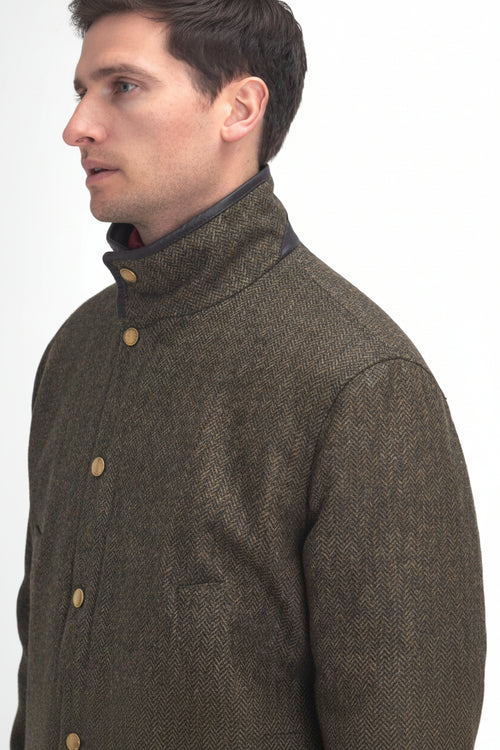 Olive tweed wool jacket, stand collar and button front with chest flap pocket