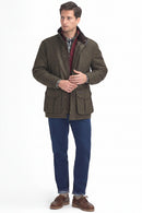 Olive tweed wool jacket with button front, stand collar, and flap pockets