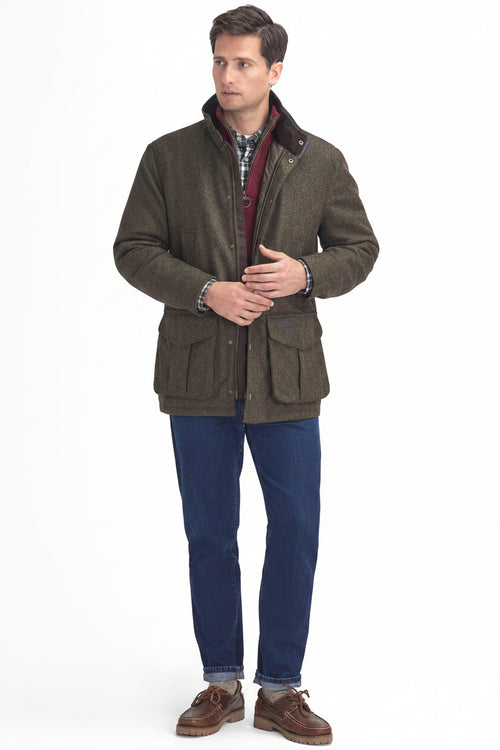 Olive tweed wool jacket with button front, stand collar, and flap pockets