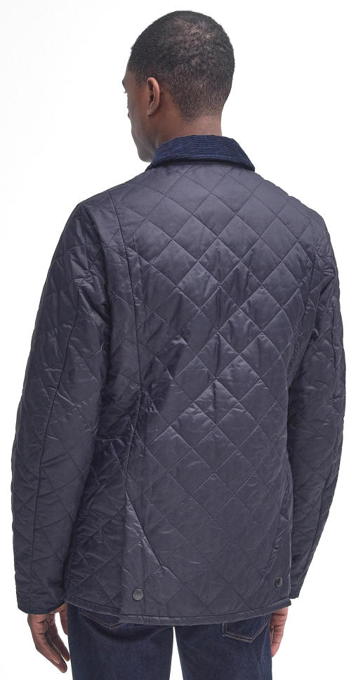 Men's navy quilted jacket back with diamond quilting and buttoned placket