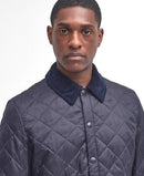 Men's navy quilted jacket with button placket and stand collar