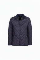 Men's navy quilted jacket, button front, diamond pattern and stand collar