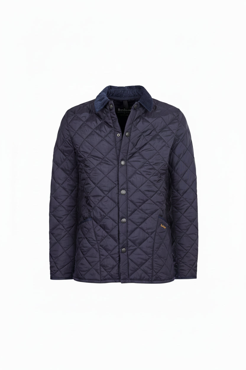 Men's navy quilted jacket, button front, diamond pattern and stand collar