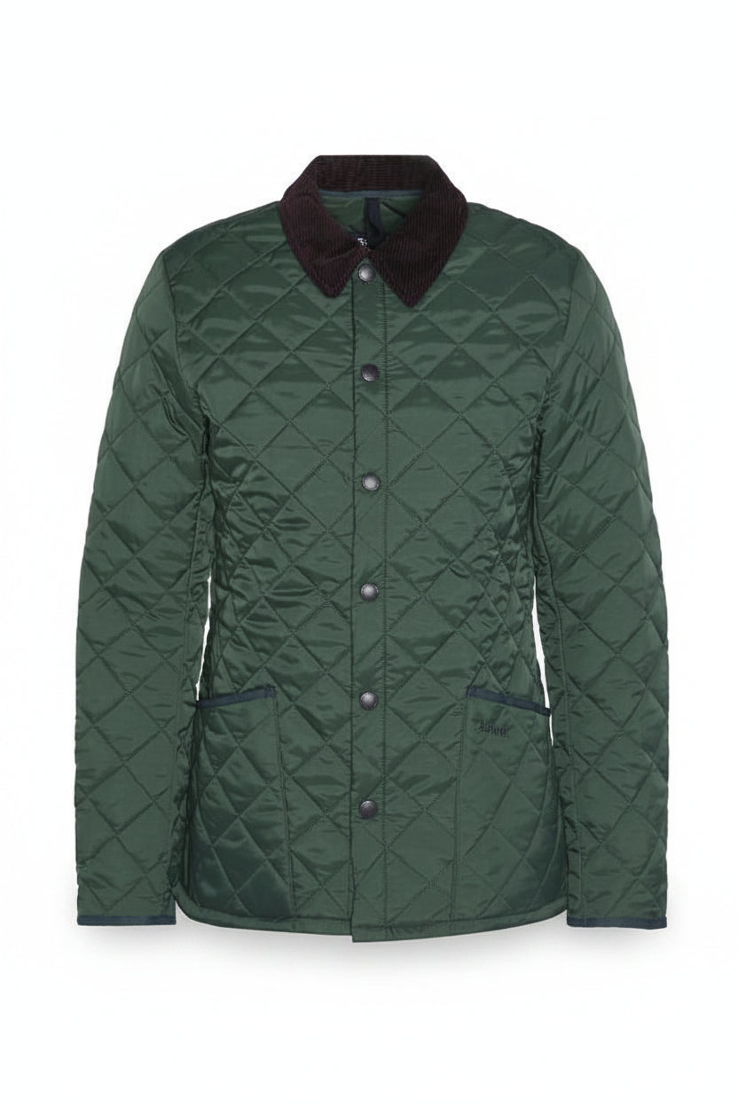 Quilted racing green jacket with diamond stitching, maroon-brown stand collar, button front