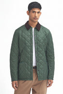 Quilted racing green jacket with diamond quilting, maroon-brown collar and button placket