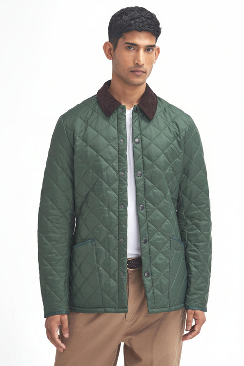 Quilted racing green jacket with diamond quilting, maroon-brown collar and button placket