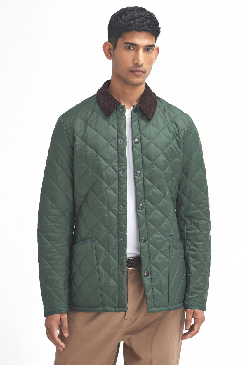 Quilted racing green jacket with diamond quilting, maroon-brown collar and button placket