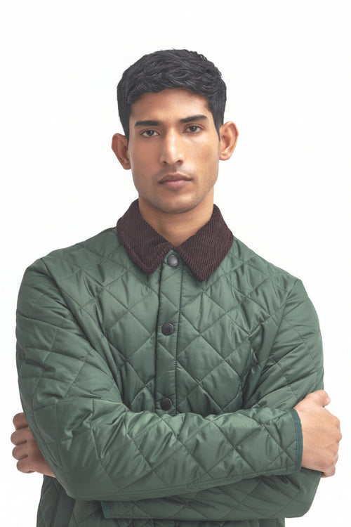 Quilted racing green jacket with dark maroon-brown collar and button closure