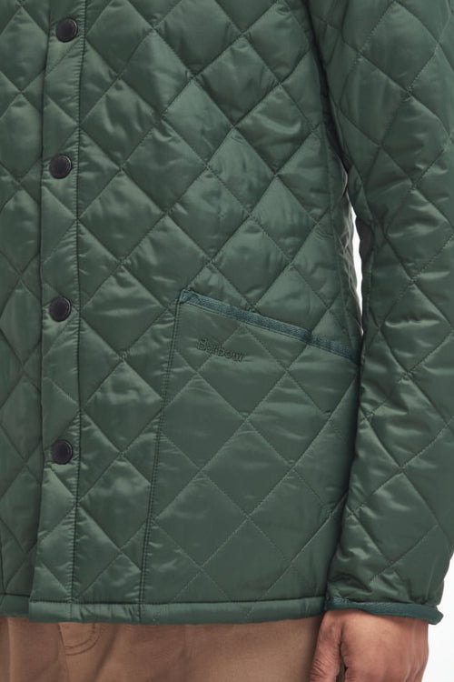 Quilted racing green jacket, diamond pattern, dark button front and stand collar