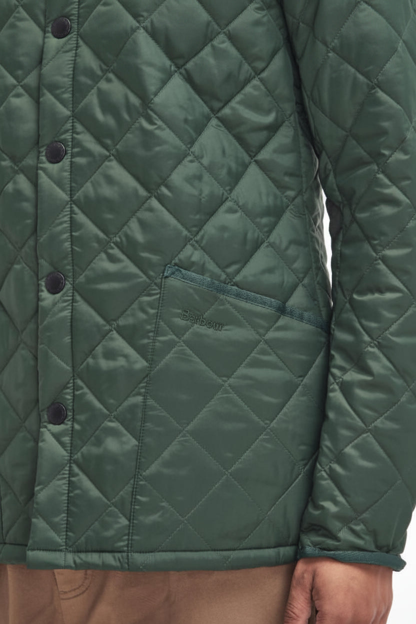 Quilted racing green jacket, diamond pattern, dark button front and stand collar