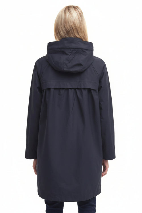 Navy waterproof hooded parka jacket with zip front and rear vent