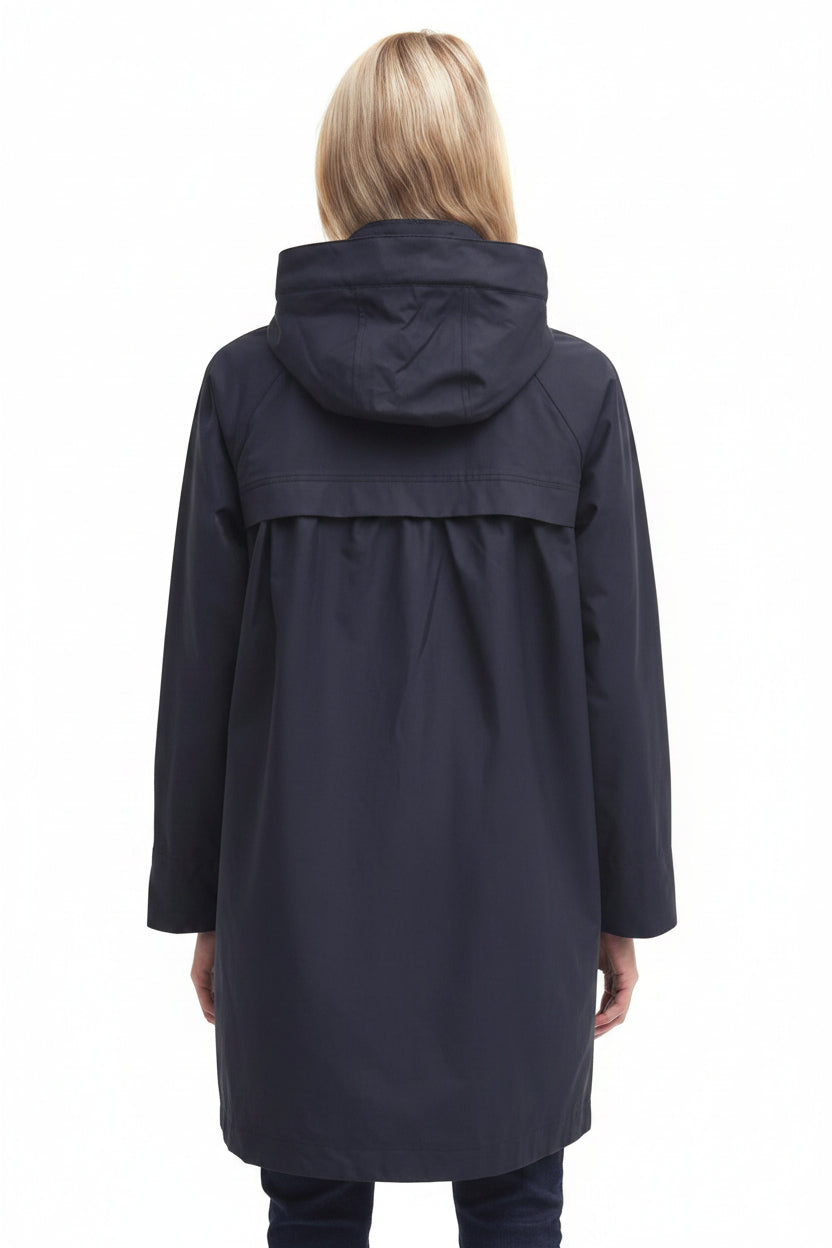 Navy waterproof hooded parka jacket with zip front and rear vent