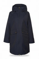 Navy waterproof parka jacket with hood, full zip, and two button pockets