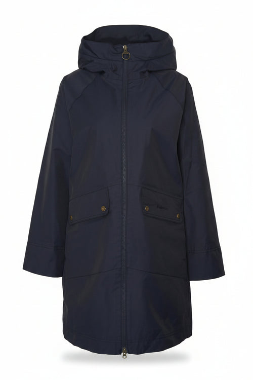 Navy waterproof parka jacket with hood, full zip, and two button pockets
