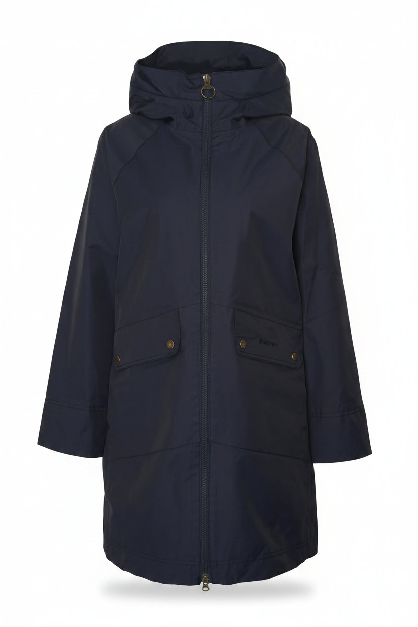 Navy waterproof parka jacket with hood, full zip, and two button pockets